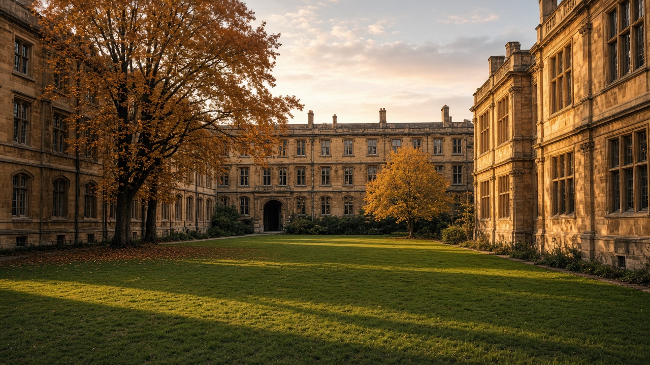 A university courtyard in warm evening light