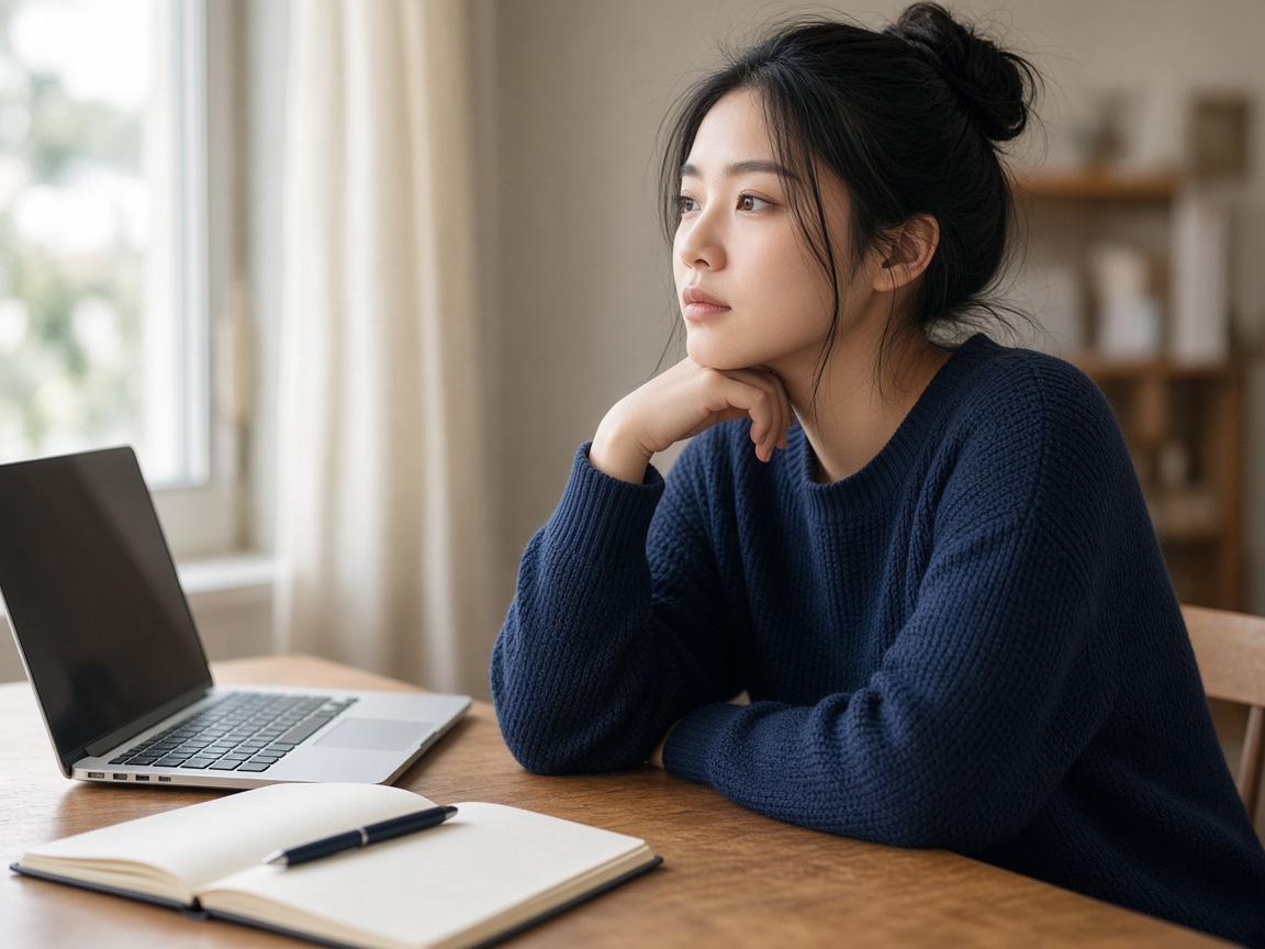 A student studying at a sunlit desk with a laptop and notebook